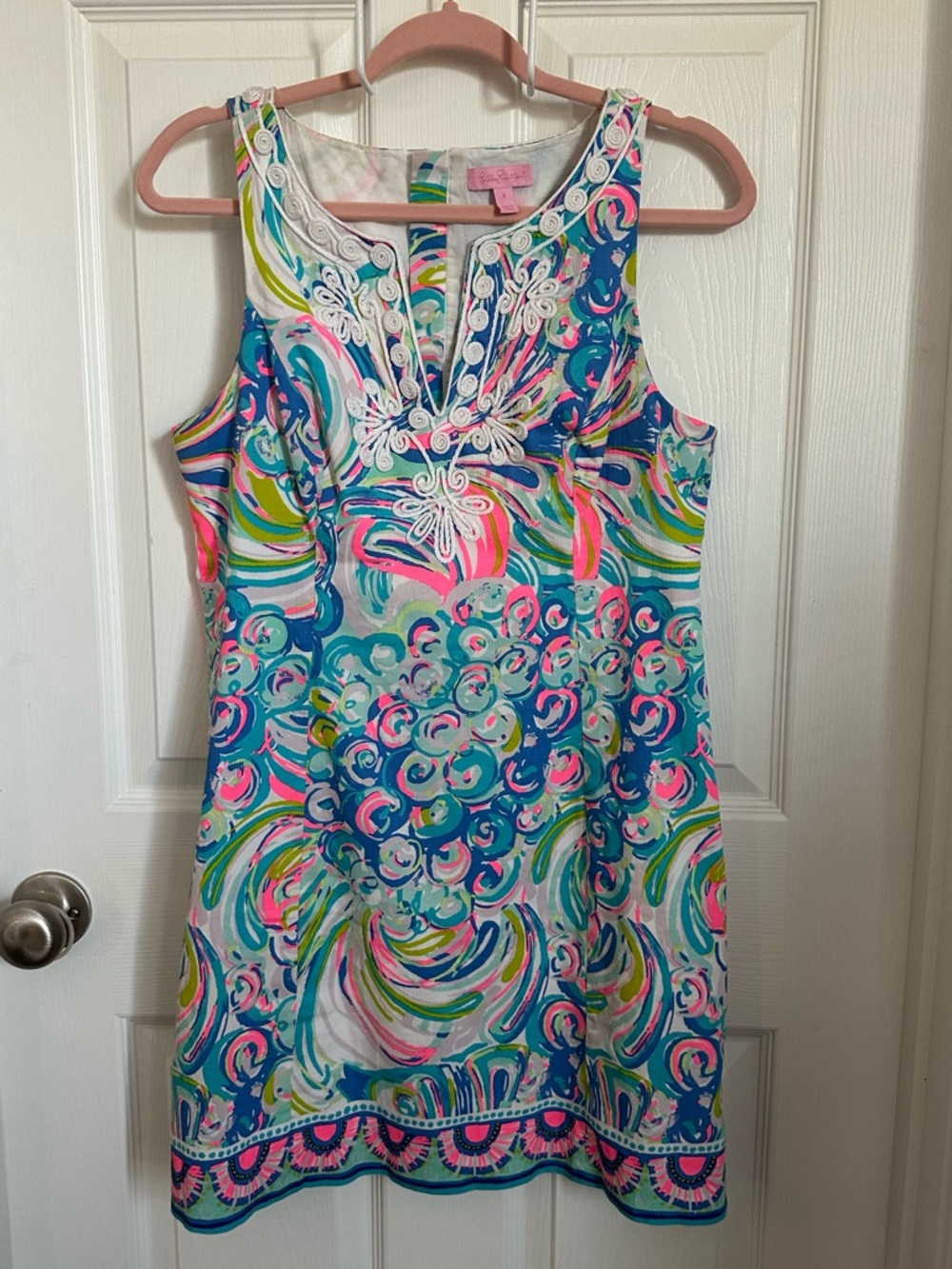 Sleeveless Multicolor Swirl Shift Dress with Embroidered Neckline